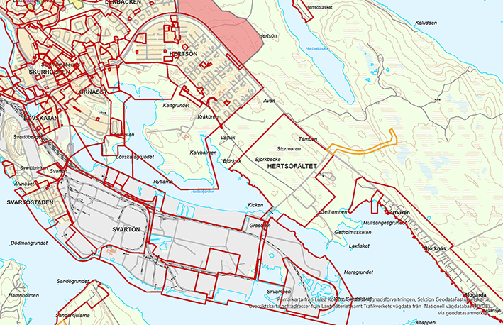 Bild som visar gränserna för gällande detaljplaner för områdena Svartön och Hertsöfältet, Luleå industripark