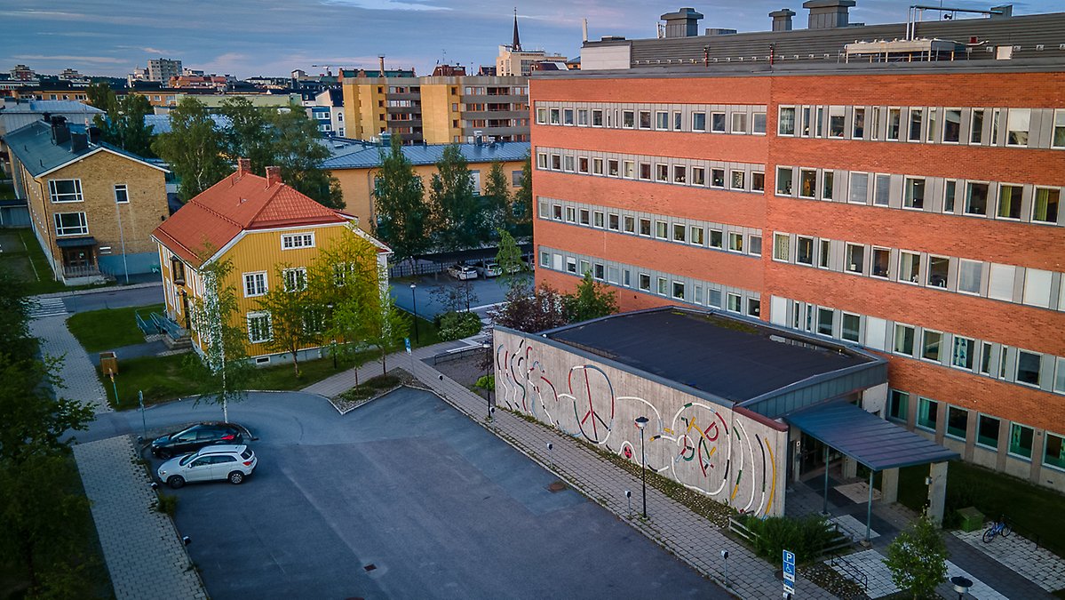 Drönarbild av betongreliefen Hällristningar föreställande ett spädbarn.